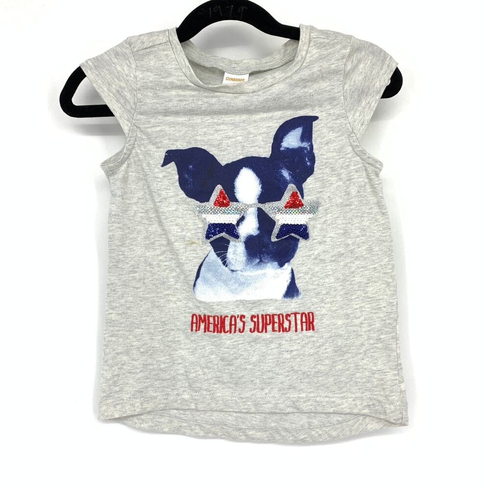 Gymboree Cap Sleeve American's Superstar Dog Print Patriotic Tee Girls Sz 4 Gray